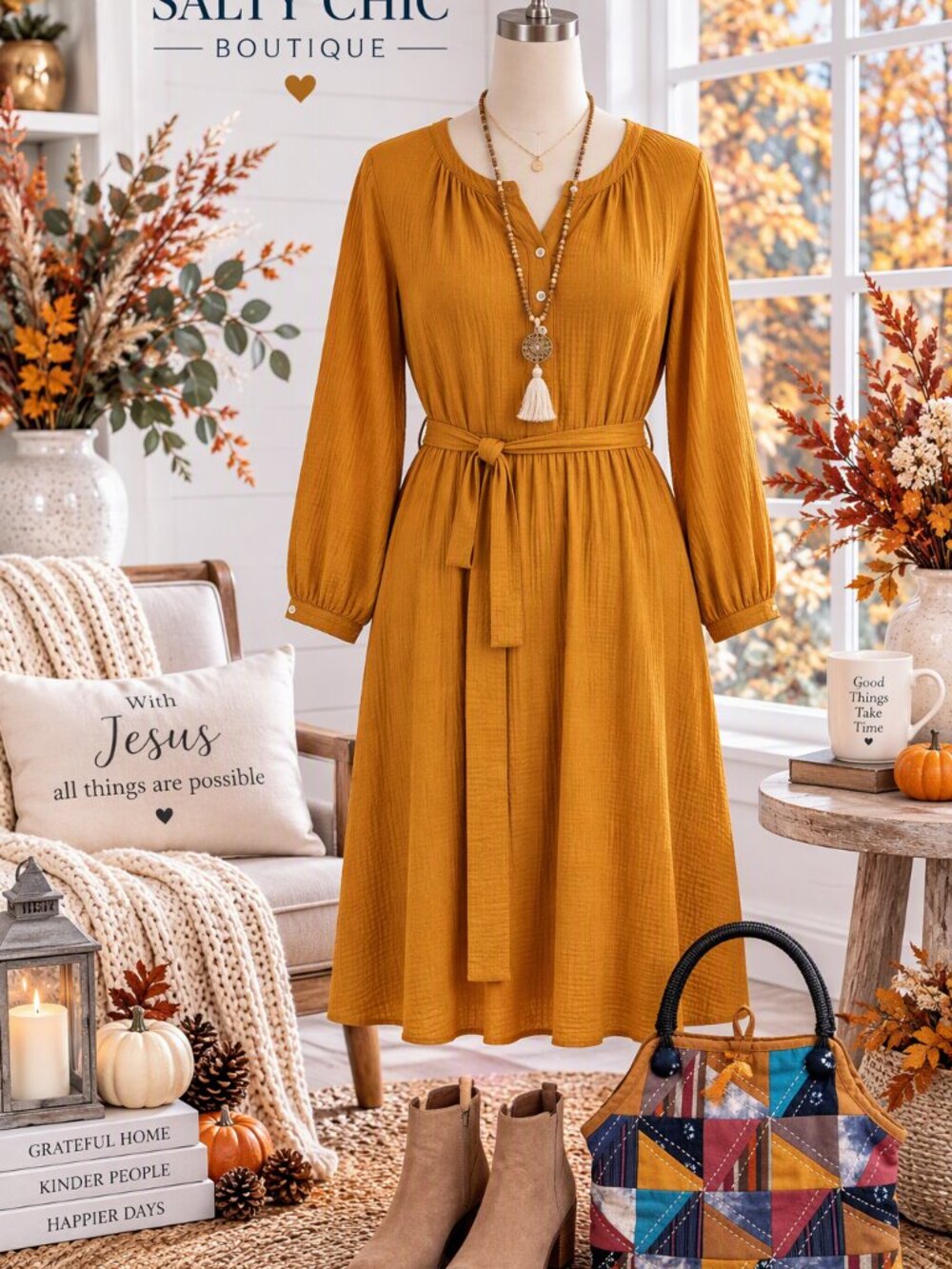 Universal Thread Mustard Yellow Cotton Gauze Belted Midi Dress Boho Fall Large